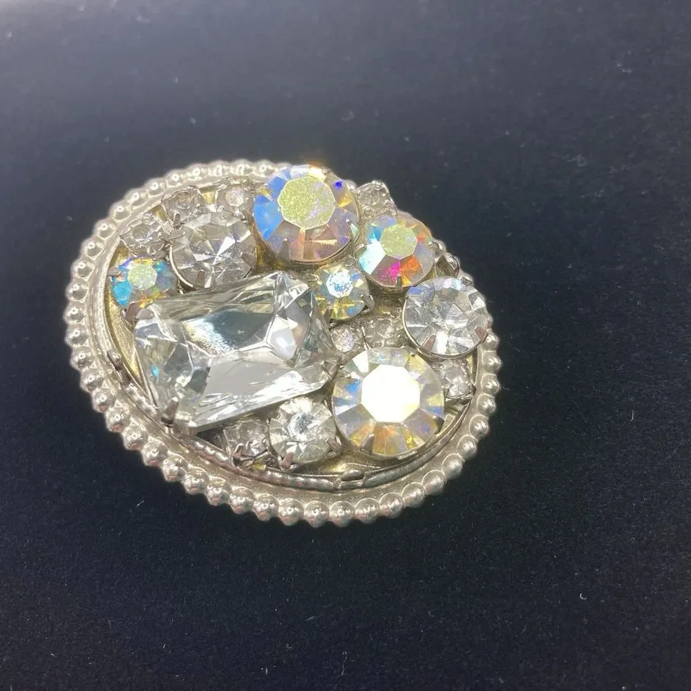 Vintage Rhinestone Silver Tone 80s Bolo Tie Clip Multi Stone Western Glam